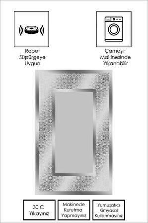 Gümüş Pvc Deri Kaymaz Taban Çerçeve Salon Saçaksız Halı B1327-3