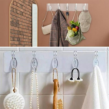  5'li Güçlü Yapışkanlı Şeffaf Duvar Askısı Banyo Mutfak Düzenleyici Pratik Askılık