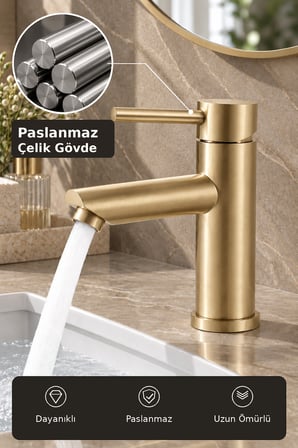 Lavabo Bataryası Mat Gold Fırçalı Altın 304 Paslanmaz Aç Kapa Banyo Bataryası Leke Tutmaz