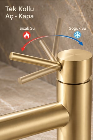 Lavabo Bataryası Mat Gold Fırçalı Altın 304 Paslanmaz Aç Kapa Banyo Bataryası Leke Tutmaz