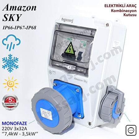 Amazon SKY, IP66-IP67-IP68, Monofaze Elektrikli Araç Kombinasyon Kutusu, Tesla Blue Adaptöre Uyumlu, 3x32A + 1x16A - Sigorta Markası Seçeneği - 5 Yıl Garanti