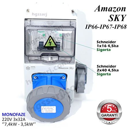 Amazon SKY, IP66-IP67-IP68, Monofaze Elektrikli Araç Kombinasyon Kutusu, Tesla Blue Adaptöre Uyumlu, 3x32A + 1x16A - Sigorta Markası Seçeneği - 5 Yıl Garanti