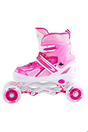3 F-sports Pembe Ayarlabilir 2+2 Işıklı Metal Alıştırma Pateni Çanta Hediyeli Tek Sıra Paten Freni