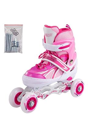 3 F-sports Pembe Ayarlabilir 2+2 Işıklı Metal Alıştırma Pateni Çanta Hediyeli Tek Sıra Paten Freni