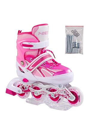 3 F-sports Pembe Ayarlabilir 2+2 Işıklı Metal Alıştırma Pateni Çanta Hediyeli Tek Sıra Paten Freni
