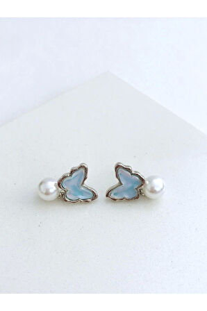 İncili Mavi Kelebek Küpe Minimal