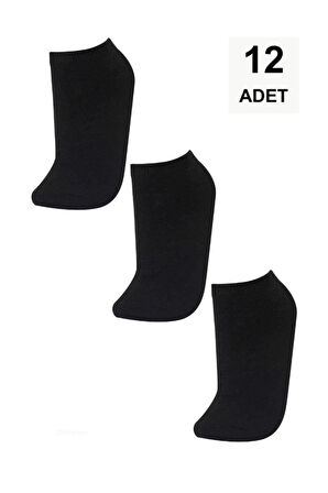12 Adet Düz Kadın Patik Çorap - Siyah