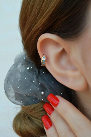 Zirkon Taş Detaylı Sıralı Mavi Kalpli Helix Küpesi Kıkırdak Lob Tek Adet