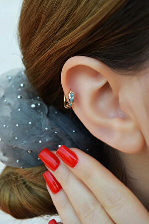 Zirkon Taş Detaylı Sıralı Mavi Kalpli Helix Küpesi Kıkırdak Lob Tek Adet