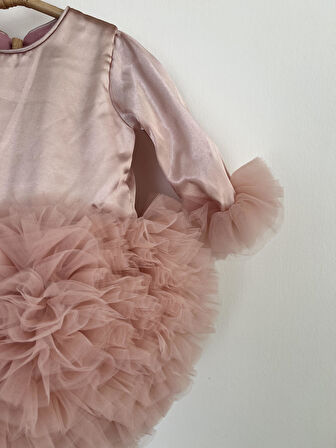 Kız Bebek Çocuk Elbise Uzun Kollu Tüllü Tütü Özel Gün Parti Doğum Günü Prenses Saten Abiye Elbise