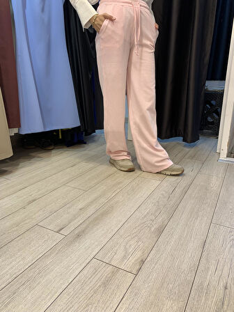 Dökümlü çizgili keten karışımlı pantolon Penbe