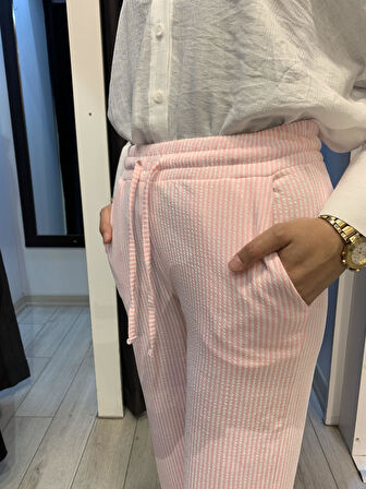 Dökümlü çizgili keten karışımlı pantolon Penbe