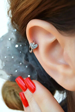 Taşlı Kalp Detaylı Halka Helix Piercing Kıkırdak Lob Gümüş Renk