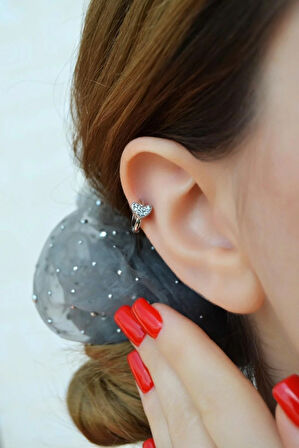 Taşlı Kalp Detaylı Halka Helix Piercing Kıkırdak Lob Gümüş Renk