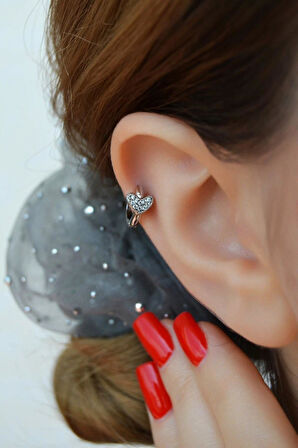 Taşlı Kalp Detaylı Halka Helix Piercing Kıkırdak Lob Gümüş Renk