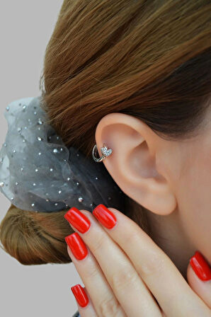 Taşlı Kalp Detaylı Halka Helix Piercing Kıkırdak Lob Gümüş Renk