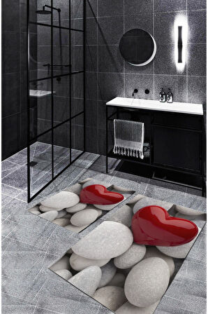 Gri-Kırmızı  Kaymaz Taban Kalp Banyo Paspas  BP-21