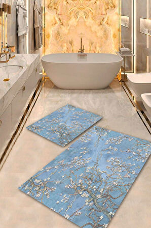 Mavi Pvc Deri Kaymaz Taban Çiçek Banyo Klozet Takımı Saçaksız BPS-1556