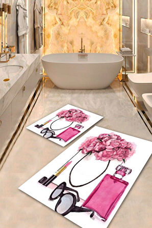 Beyaz-Pembe Pvc Deri Kaymaz Taban Kozmetik Banyo Klozet Takımı Saçaksız BPS-1838