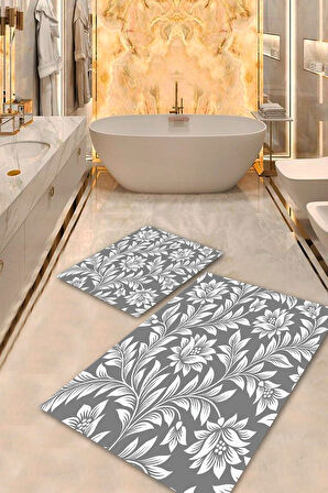 Gri Pvc Deri Kaymaz Taban Çiçek Banyo Klozet Takımı Saçaksız BPS-2158