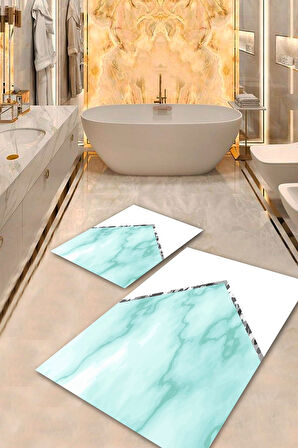 Beyaz-Mavi Pvc Deri Kaymaz Taban Tasarım Banyo Klozet Takımı Saçaksız BPS-5577