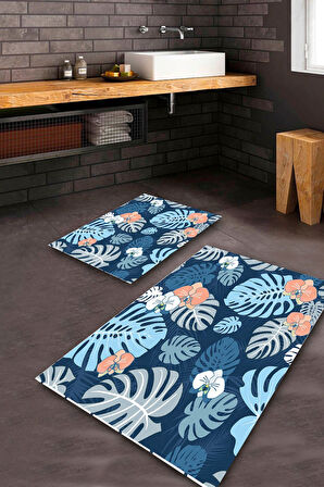 Mavi Pvc Deri Kaymaz Taban Yaprak Tema Banyo Klozet Takımı Saçaksız BPS-7550