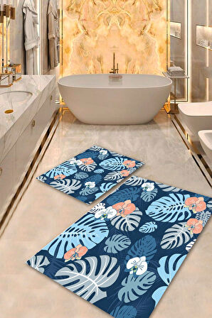 Mavi Pvc Deri Kaymaz Taban Yaprak Tema Banyo Klozet Takımı Saçaksız BPS-7550