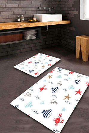 Beyaz Pvc Deri Kaymaz Taban Deniz Tema Banyo Klozet Takımı Saçaksız BPS-8577