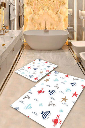 Beyaz Pvc Deri Kaymaz Taban Deniz Tema Banyo Klozet Takımı Saçaksız BPS-8577