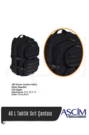 Ascim 46 Litre Su Geçirmez Cordura Kumaş Taktik Askeri Kamp Yürüyüş Sırt Çantası