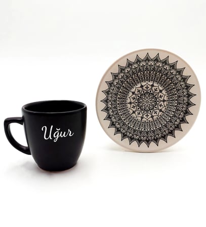 Kişiye Özel Siyah 500 ML Dereceli Termos & Defter & Kupa & Fincan& Kahve Yanı Cam Su Bardağı & Kalem Hediye Seti