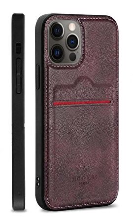 Apple iPhone 12 Pro Max Kartlıklı Rich Boss Lüx Deri Kılıf Koyu Kırmızı