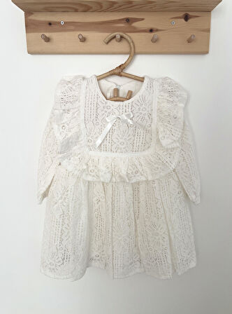 Kız Bebek Çocuk Uzun Kollu Dantelli Fiyonklu Fırfırlı Parti Düğün Doğum Günü Bayramlık Elbise