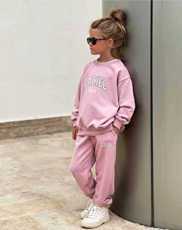 Kız Çocuk Laciel Paris Pembe 3 İplik Fitilli Kumaş Alt Üst Eşofman takımı