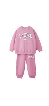 Kız Çocuk Laciel Paris Pembe 3 İplik Fitilli Kumaş Alt Üst Eşofman takımı