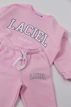 Kız Çocuk Laciel Paris Pembe 3 İplik Fitilli Kumaş Alt Üst Eşofman takımı