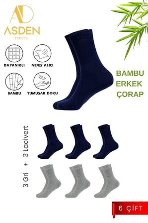 Bambu Erkek Soket Çorap 3 Lacivert, 3 Gri 6'lı Paket, Yıkamalı, Burun Dikişsiz