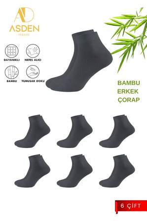 Bambu Erkek Gri Kısa Konç Çorap 6'lı Paket, Yıkamalı, Burun Dikişsiz
