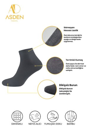 Bambu Erkek Gri Kısa Konç Çorap 6'lı Paket, Yıkamalı, Burun Dikişsiz