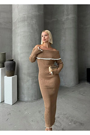 Madonna Yaka Kadın Triko Midi Elbise Ekru