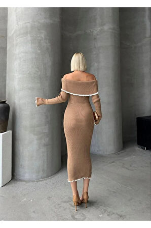 Madonna Yaka Kadın Triko Midi Elbise Ekru