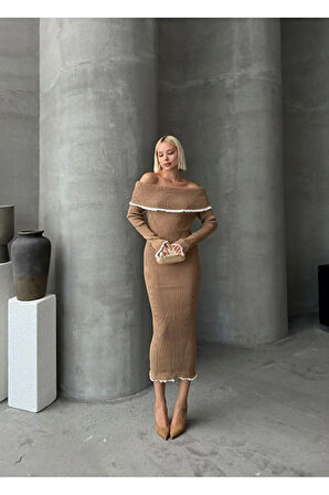 Madonna Yaka Kadın Triko Midi Elbise Ekru