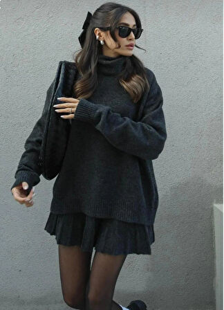 DGN'S BORDO-SİYAH-ANTRASİT PİLİSELİ  KADIN ETEKLİ TRİKO TAKIM OVERSİZE 