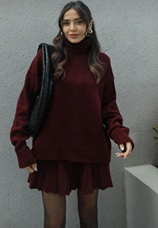 DGN'S BORDO-SİYAH-ANTRASİT PİLİSELİ  KADIN ETEKLİ TRİKO TAKIM OVERSİZE 