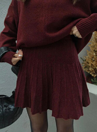 DGN'S BORDO-SİYAH-ANTRASİT PİLİSELİ  KADIN ETEKLİ TRİKO TAKIM OVERSİZE 