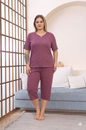 Büyük Beden Kısa Kol Pamuklu Ultrasoft Likralı Kapri Pijama Takımı
