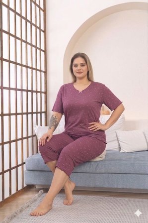 Büyük Beden Kısa Kol Pamuklu Ultrasoft Likralı Kapri Pijama Takımı