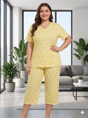 Büyük Beden Kısa Kol Pamuklu Ultrasoft Likralı Kapri Pijama Takımı