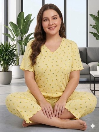 Büyük Beden Kısa Kol Pamuklu Ultrasoft Likralı Kapri Pijama Takımı