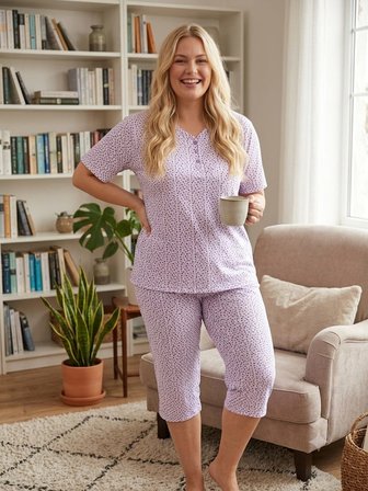 Büyük Beden Kısa Kol Kapri Pamuklu Likralı Pijama Takımı